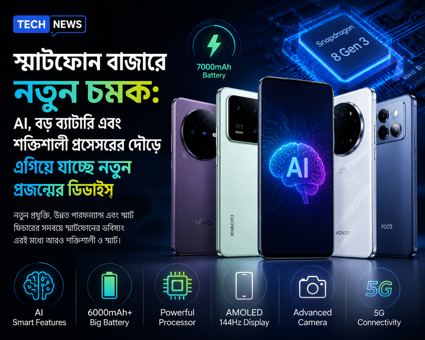 স্মার্টফোন বাজারে নতুন চমক: AI, বড় ব্যাটারি এবং শক্তিশালী প্রসেসরের দৌড়ে এগিয়ে যাচ্ছে নতুন প্রজন্মের ডিভাইস